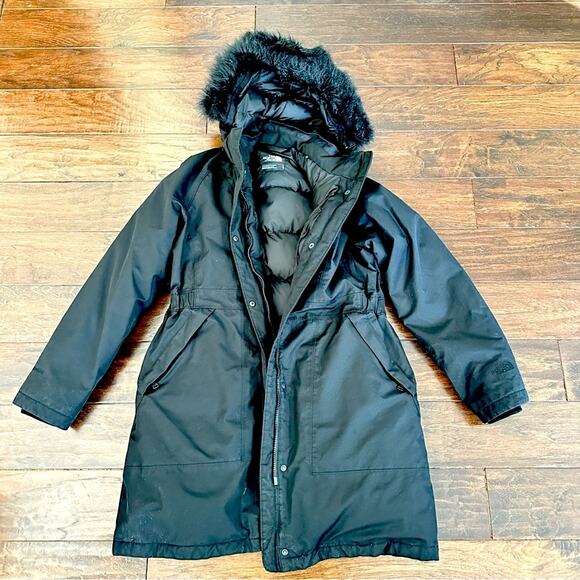 THE NORTH FACE Gotham Hyvent Jacket LARGE Parka Black Removable Faux Fur Hood - Picture 1 of 13